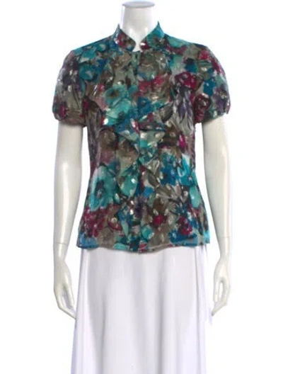 Pre-owned St John Silk Floral Print Blouse In Green