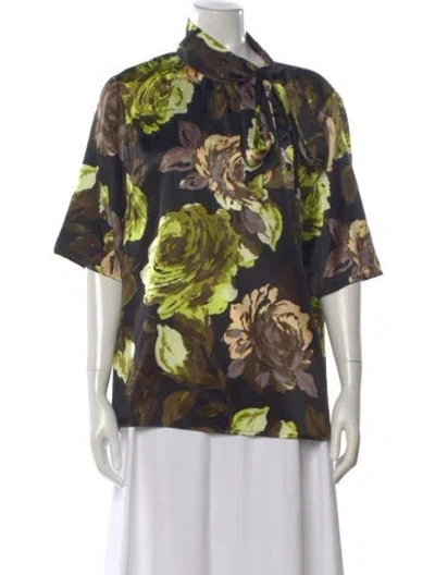 Pre-owned St John Silk Floral Print Blouse In Green