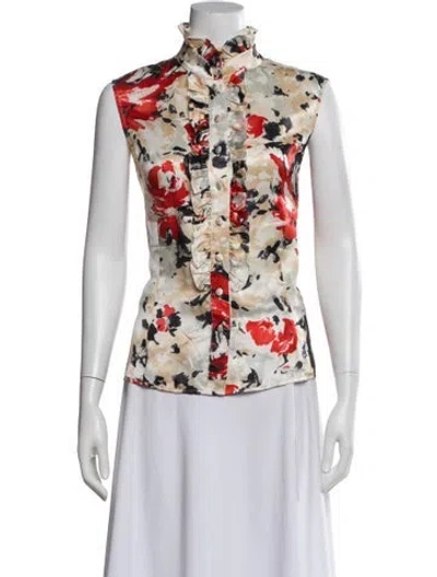 Pre-owned St John Silk Floral Print Blouse In Neutral
