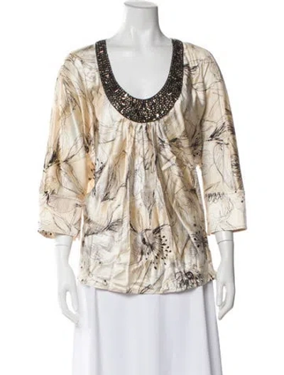 Pre-owned St John Silk Floral Print Blouse In Neutral