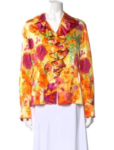 Pre-owned St John Silk Floral Print Blouse In Orange