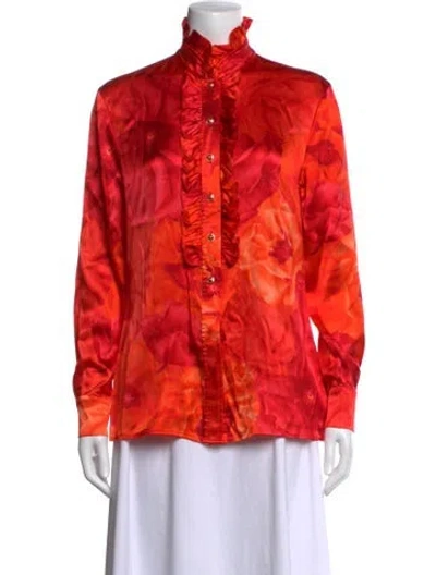 Pre-owned St John Silk Floral Print Blouse In Orange
