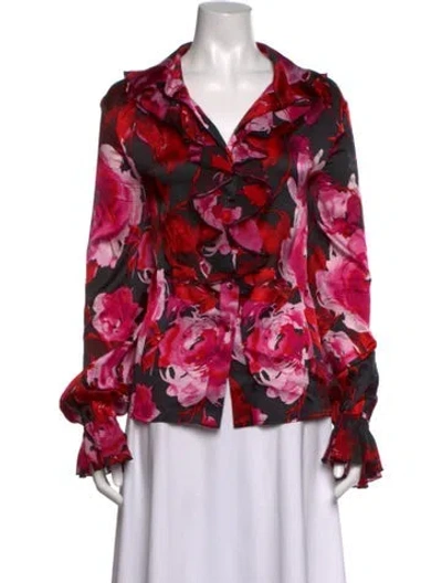 Pre-owned St John Silk Floral Print Blouse In Red