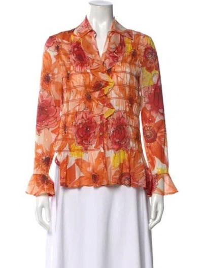 Pre-owned St John Silk Floral Print Blouse W/ Tags In Orange