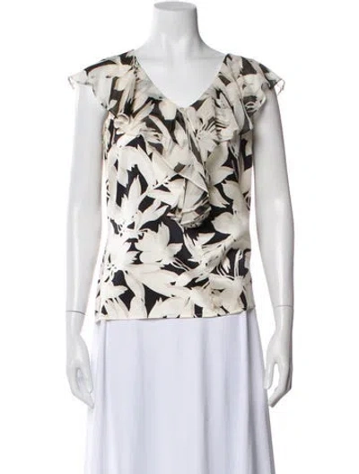 Pre-owned St John Silk Floral Print Blouse In White