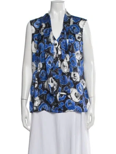 Pre-owned St John Silk Floral Print Blouse In White