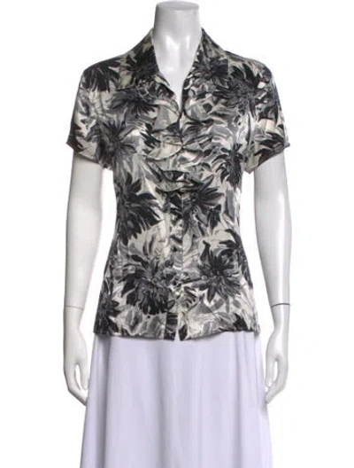 Pre-owned St John Silk Floral Print Blouse In White