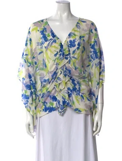 Pre-owned St John Silk Floral Print Blouse In White
