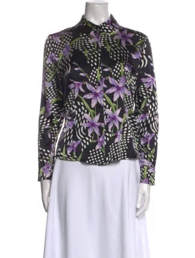 Pre-owned St John Silk Floral Print Button-up Top In Black