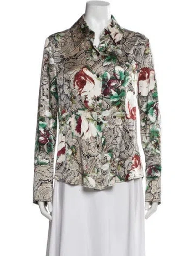 Pre-owned St John Silk Floral Print Button-up Top In Neutral