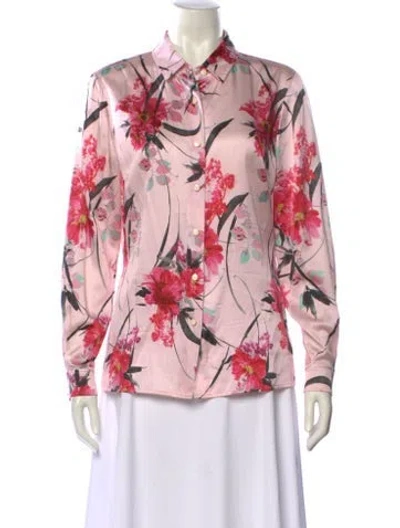 Pre-owned St John Silk Floral Print Button-up Top In Pink