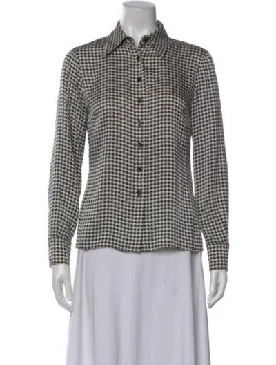 Pre-owned St John Silk Houndstooth Print Button-up Top In Black