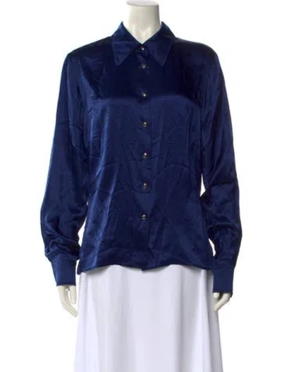 Pre-owned St John Silk Long Sleeve Button-up Top In Blue
