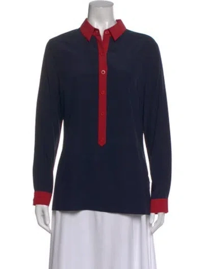 Pre-owned St John Silk Long Sleeve Button-up Top In Blue