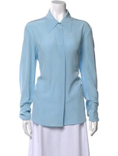 Pre-owned St John Silk Long Sleeve Button-up Top In Blue