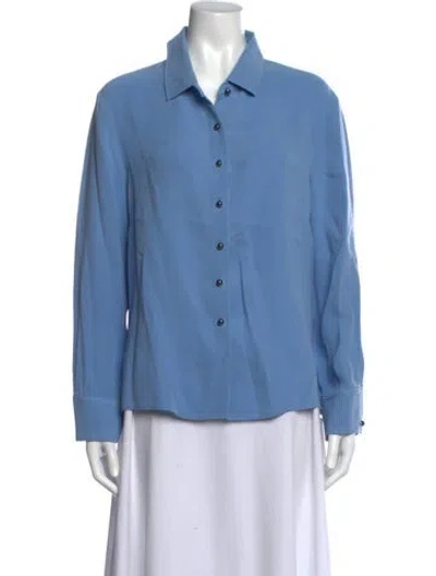 Pre-owned St John Silk Long Sleeve Button-up Top In Blue