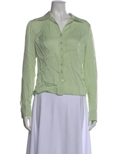 Pre-owned St John Silk Long Sleeve Button-up Top In Green