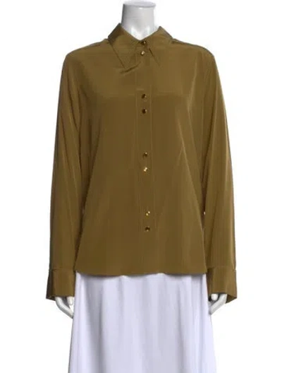 Pre-owned St John Silk Long Sleeve Button-up Top In Green