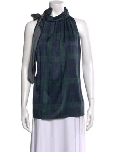 Pre-owned St John Silk Plaid Print Top In Blue