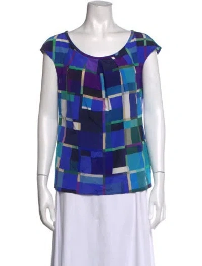 Pre-owned St John Silk Plaid Print Top W/ Tags In Blue/purple