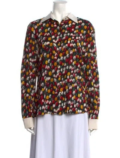 Pre-owned St John Silk Printed Button-up Top In Black