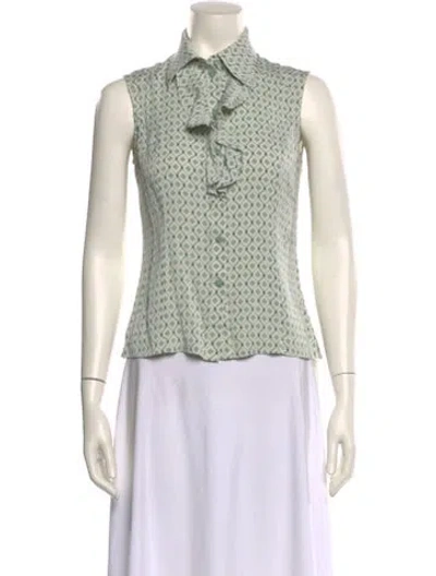 Pre-owned St John Silk Printed Button-up Top In Green