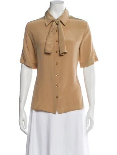 Pre-owned St John Silk Tie Neck Blouse In Brown