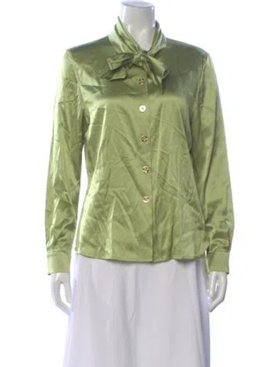 Pre-owned St John Silk Tie Neck Blouse In Green