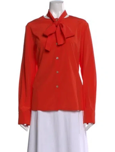 Pre-owned St John Silk Tie Neck Button-up Top In Red