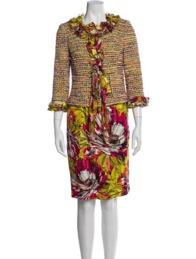 Pre-owned St John Silk Tweed Pattern Dress Set In Yellow
