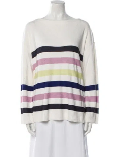 Pre-owned St John Striped Bateau Neckline Sweater In White