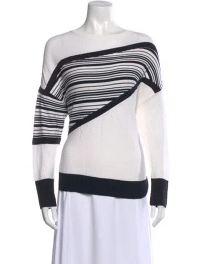 Pre-owned St John Striped Bateau Neckline Sweater In White