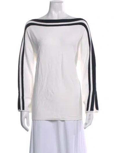 Pre-owned St John Striped Bateau Neckline Sweater In White