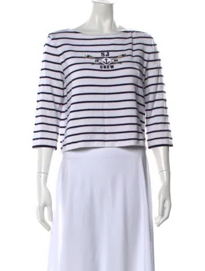 Pre-owned St John Striped Bateau Neckline Sweater In White