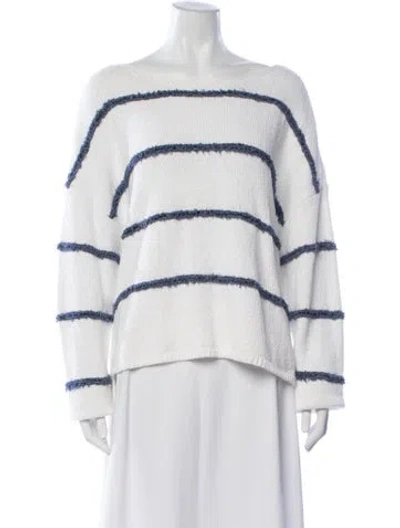 Pre-owned St John Striped Bateau Neckline Sweater In White