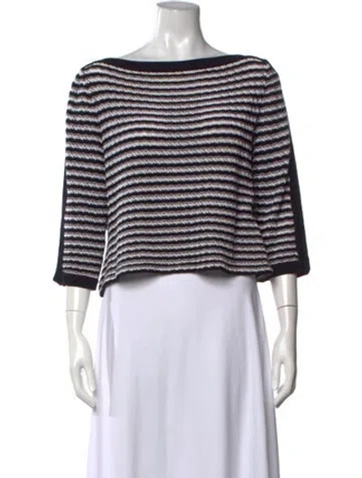 Pre-owned St John Striped Bateau Neckline Sweater In White