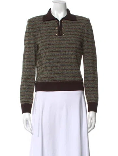 Pre-owned St John Striped Long Sleeve Polo In Green
