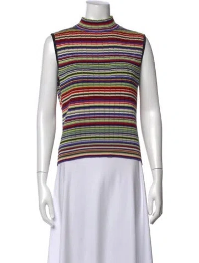 Pre-owned St John Striped Mock Neck Sweater In Green