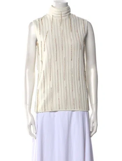 Pre-owned St John Striped Mock Neck Top In White