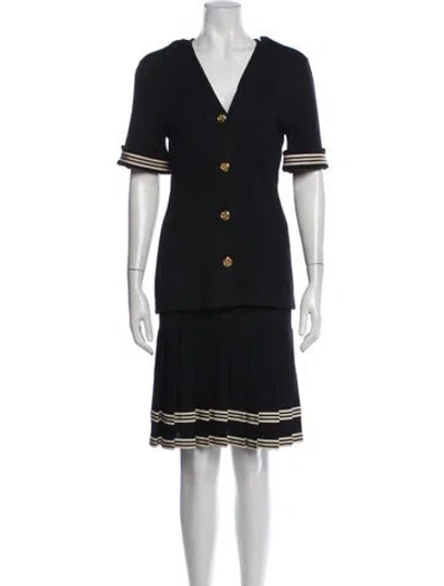 Pre-owned St John Striped Pleated Accents Skirt Set In Black