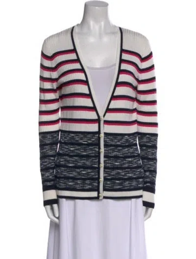 Pre-owned St John Striped Plunge Neckline Sweater In White