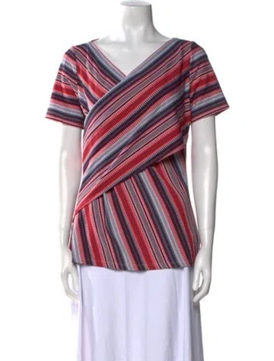 Pre-owned St John Striped V-neck Blouse In Red