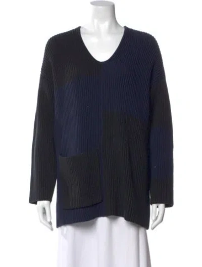 Pre-owned St John Striped V-neck Sweater In Blue