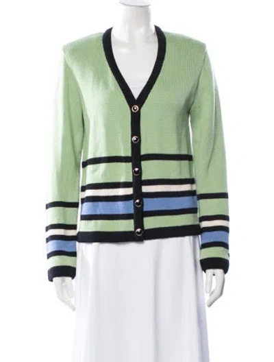 Pre-owned St John Striped V-neck Sweater In Green