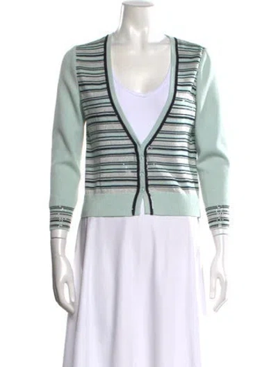 Pre-owned St John Striped V-neck Sweater In Green