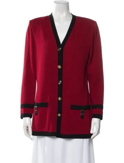 Pre-owned St John Striped V-neck Sweater In Red
