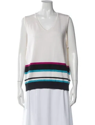 Pre-owned St John Striped V-neck Sweater In White