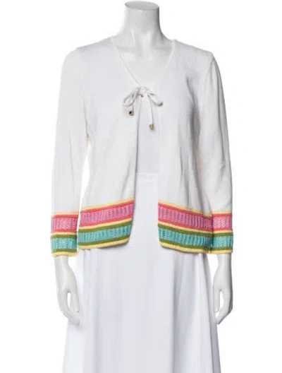 Pre-owned St John Striped V-neck Sweater In White