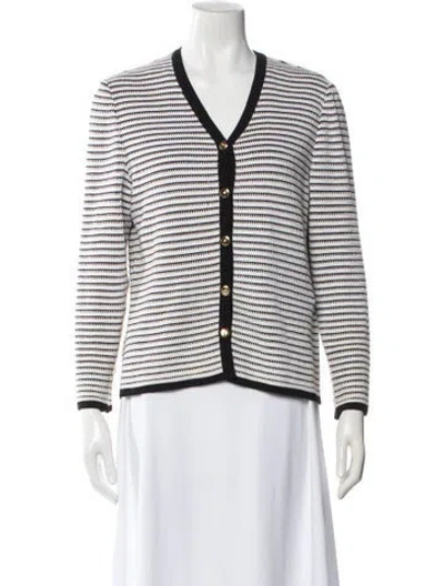 Pre-owned St John Striped V-neck Sweater In White