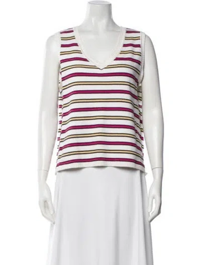 Pre-owned St John Striped V-neck Top In Neutral